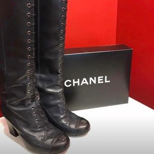 CHANEL - Leather Lace Up Boots - Size 37 (US 7)